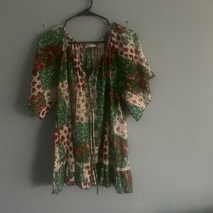 Easel Green and Red Floral Patchwork Tunic